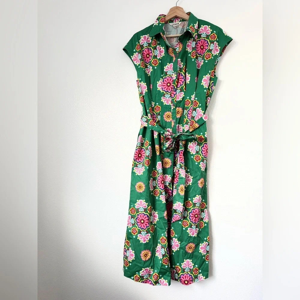 Boden Rachel Cotton Midi Shirt Dress Rich Emerald Meadow Posy women’s 8R NWT